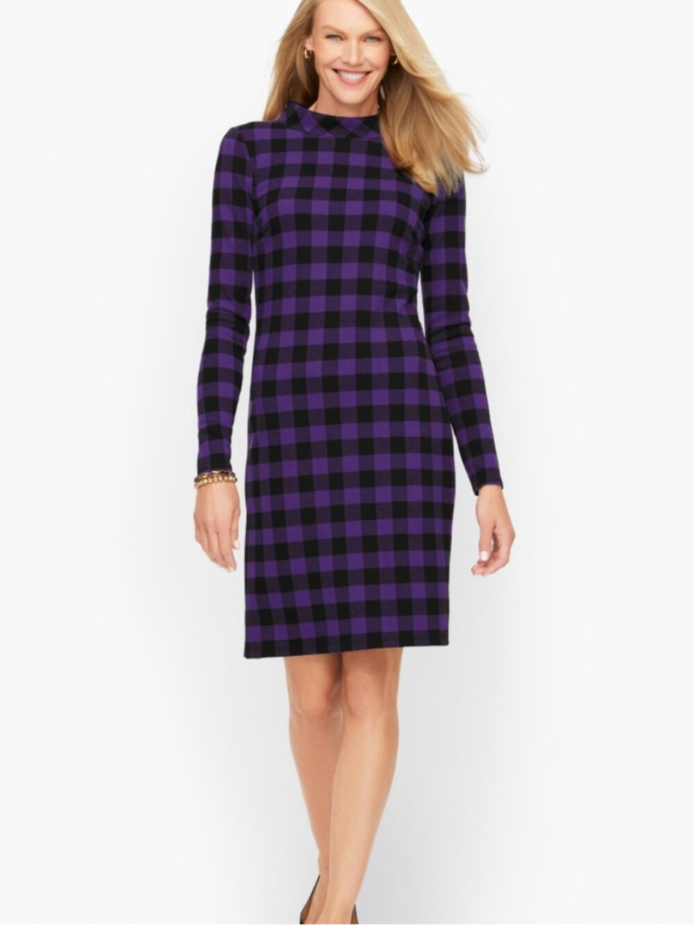 Talbots Woman’s Purple and Black Plaid Long-Sleeve Shift Dress Size XS NWT